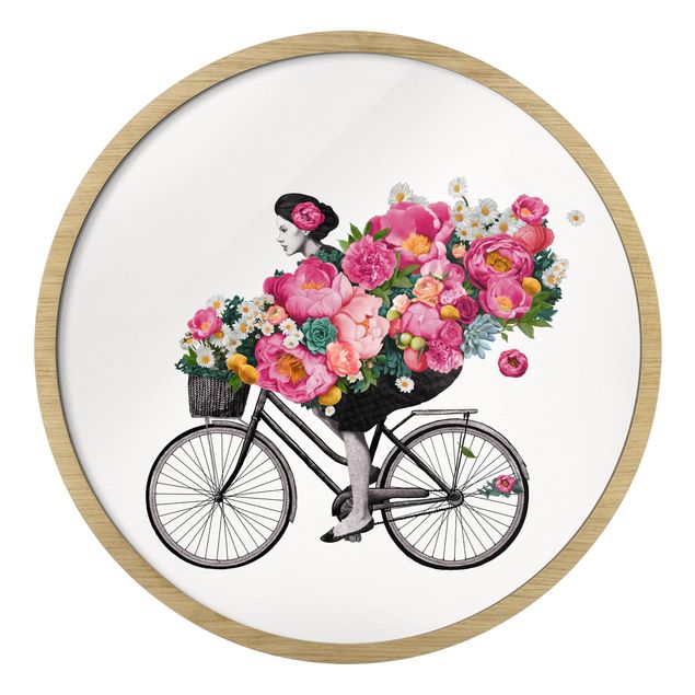 Quadro rotondo incorniciato - Illustrazione di donna in bici collage di fiori colorati