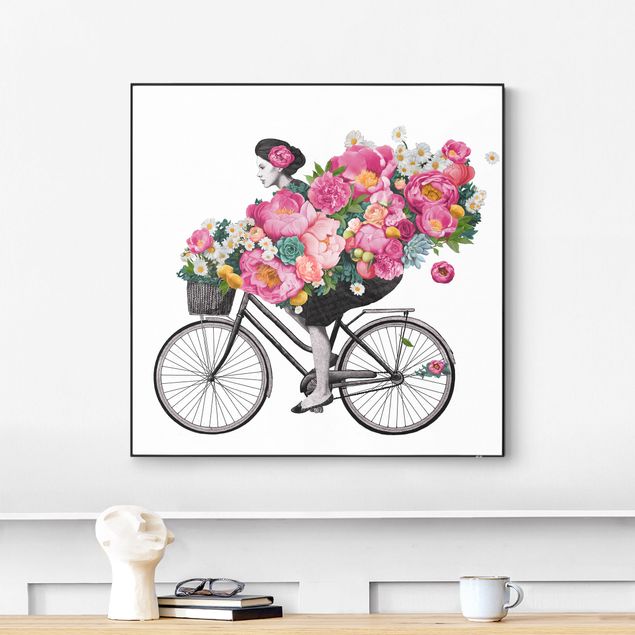 Frame da parete con tessuto in tensione con quadro intercambiabile classico Illustrazione di donna in bici collage di fiori colorati