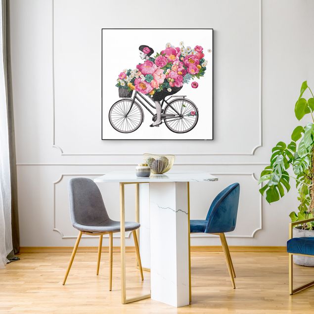 Quadro intercambiabile - Illustrazione di donna in bici collage di fiori colorati