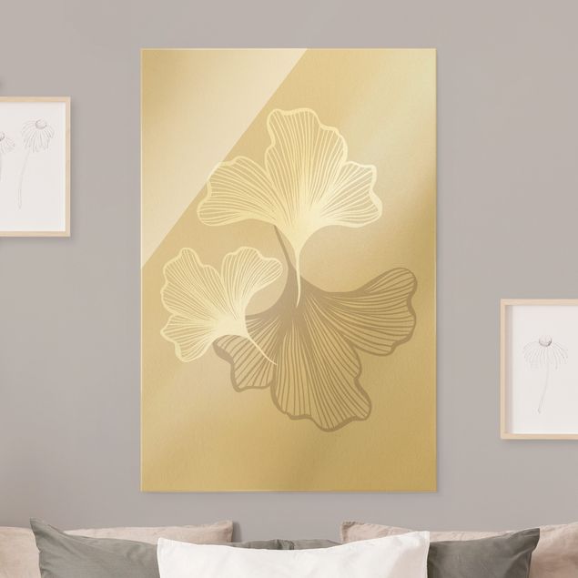 Quadro in vetro - Illustrazione di foglie di ginko in beige - Formato verticale