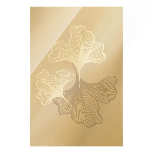 Quadro in vetro - Illustrazione di foglie di ginko in beige - Formato verticale