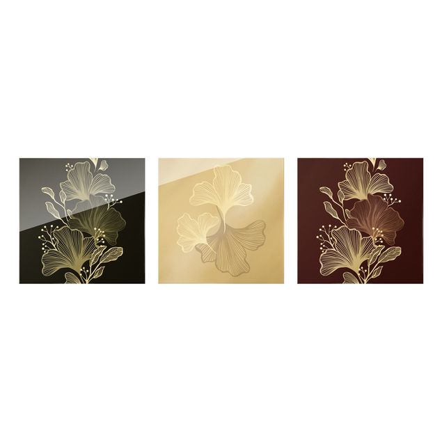 Quadro in vetro - Illustrazione di foglie di ginko - 3 parti
