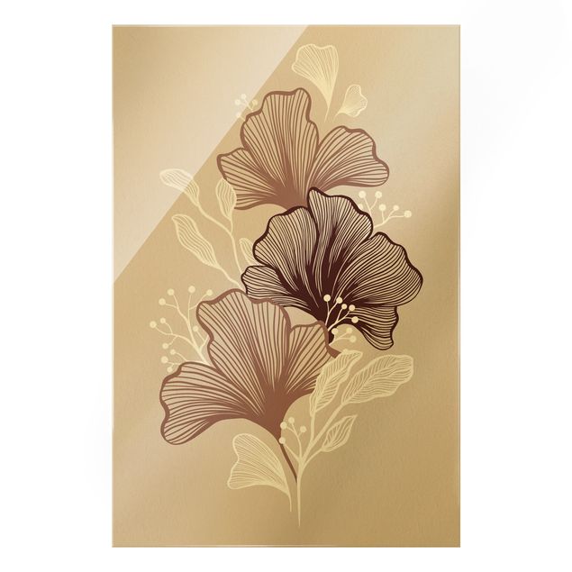 Quadro in vetro - Illustrazione di foglie di ginko in rosa - Formato verticale