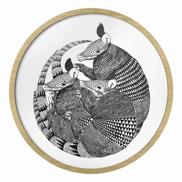 Quadro rotondo incorniciato - Illustrazione di armadillo con fantasia in bianco e nero
