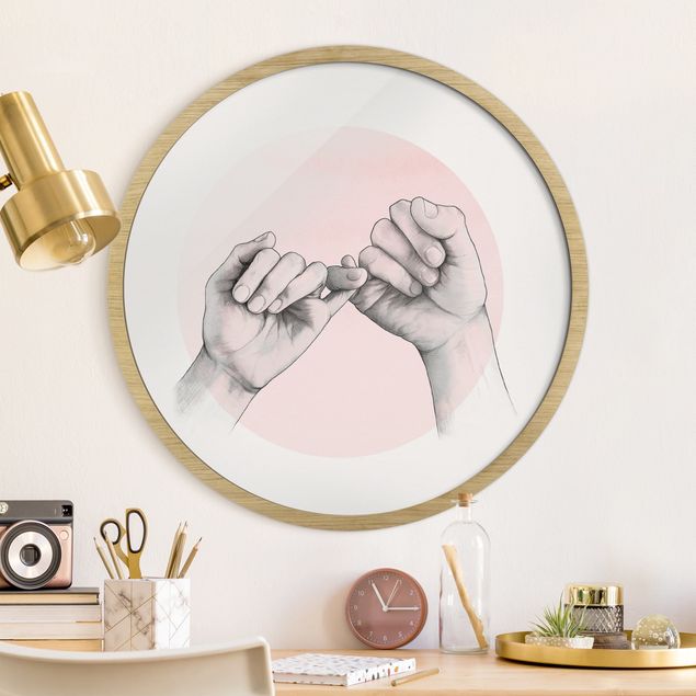 Poster con cornice rotonda Illustrazione - Mani Cerchio dell'Amicizia Rosa Bianco