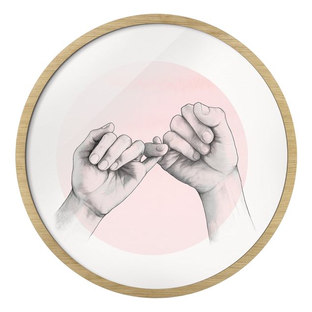 Quadro rotondo incorniciato - Illustrazione di amicizia con mani su cerchio rosa e su bianco