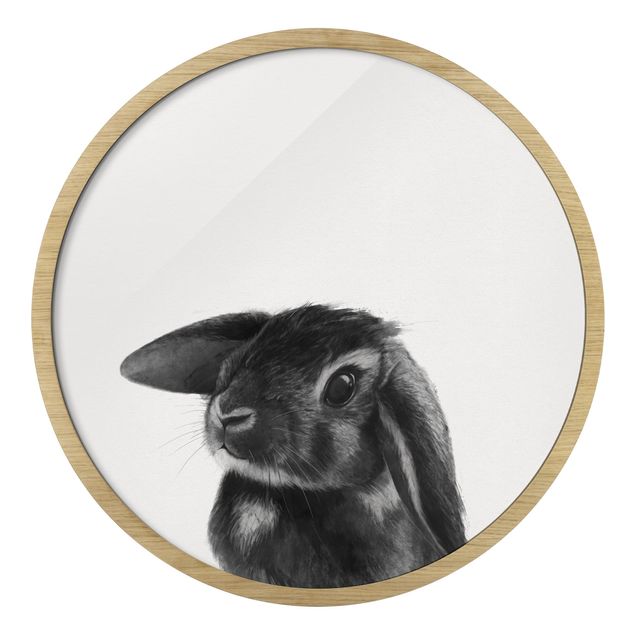 Quadro rotondo incorniciato - Illustrazione disegno di coniglio bianco e nero
