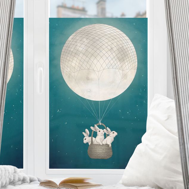 Pellicola per vetri per salone Illustrazione di conigli con luna a mongolfiera nel cielo stellato