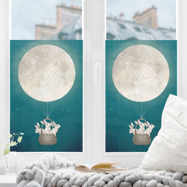 Pellicole per vetro Illustrazione di conigli con luna a mongolfiera nel cielo stellato