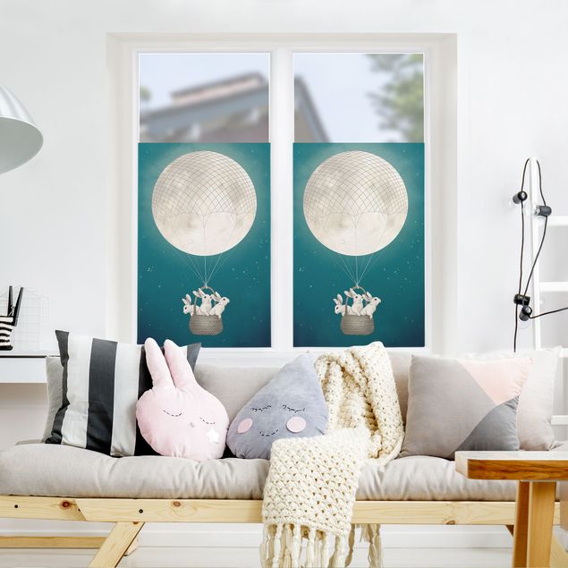 Decorazione per finestre - Illustrazione di conigli con luna a mongolfiera nel cielo stellato
