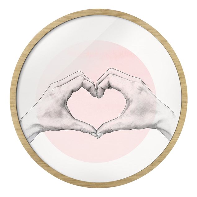 Quadro rotondo incorniciato - Illustrazione di mani a cuore su cerchio rosa e su bianco
