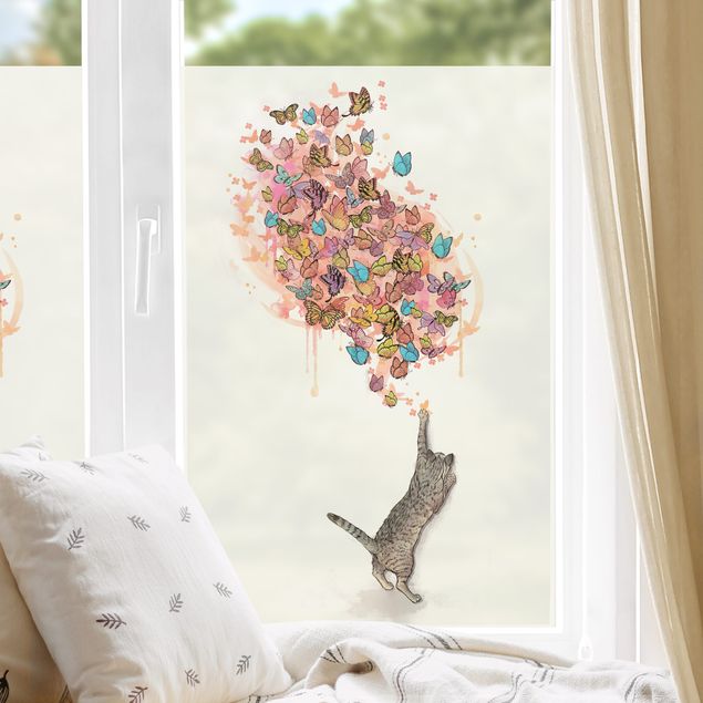 Pellicola per vetri per salone Illustrazione gatto dipinto con farfalle colorate