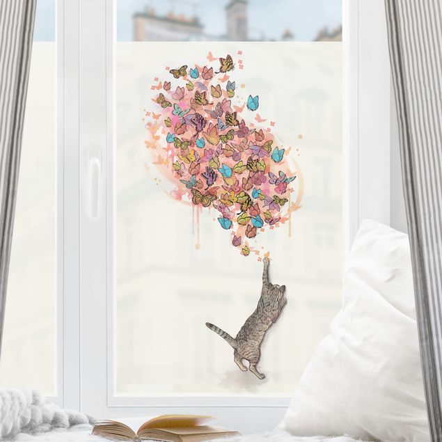 pellicola adesiva colorata per vetri Illustrazione gatto dipinto con farfalle colorate