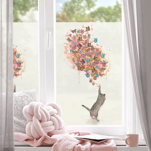 Pellicola vetro Illustrazione gatto dipinto con farfalle colorate