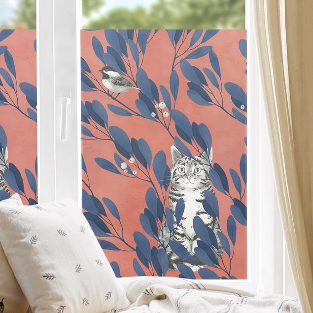 Pellicola per vetri per salone Illustrazione pittura gatto e uccellino sul ramo blu e rosso