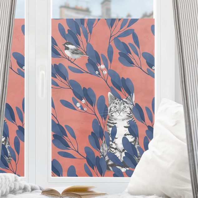 Pellicola per vetri colorata Illustrazione pittura gatto e uccellino sul ramo blu e rosso