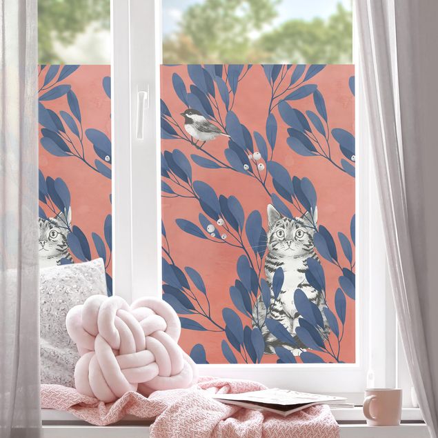 Pellicola per vetri rossa Illustrazione pittura gatto e uccellino sul ramo blu e rosso