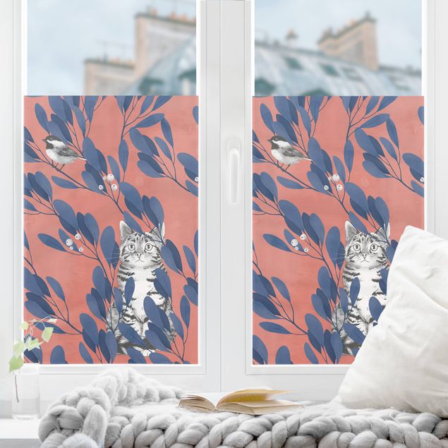 Pellicola per vetri con uccelli Illustrazione pittura gatto e uccellino sul ramo blu e rosso