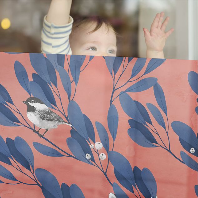 Pellicole per vetro Illustrazione pittura gatto e uccellino sul ramo blu e rosso