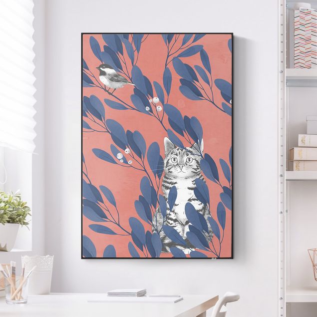 Quadri animali Illustrazione pittura gatto e uccellino sul ramo blu e rosso