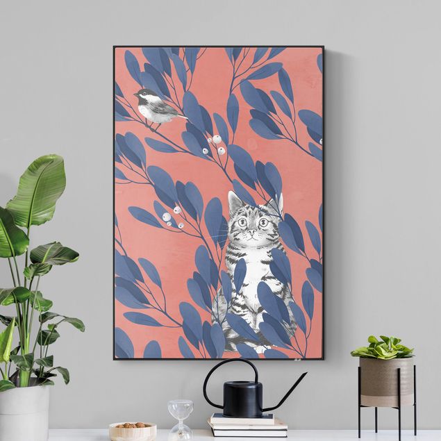Quadro fonoassorbente intercambiabile - Illustrazione pittura gatto e uccellino sul ramo blu e rosso