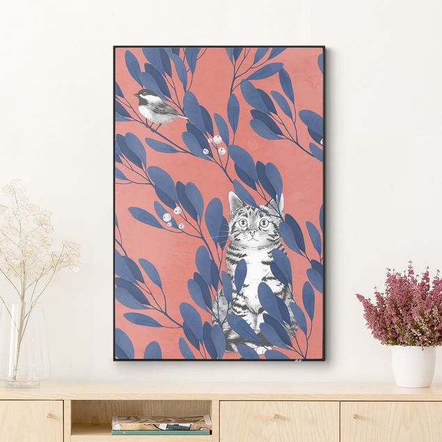 Quadri animali Illustrazione pittura gatto e uccellino sul ramo blu e rosso