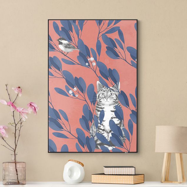Quadro intercambiabile - Illustrazione pittura gatto e uccellino sul ramo blu e rosso