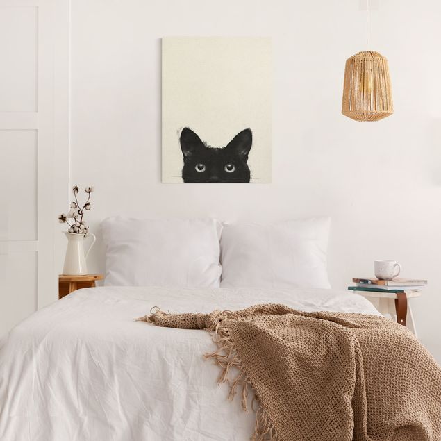 Stampa su tela bianco e nero Illustrazione - Gatto nero su pittura bianca