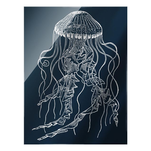 Quadro in vetro - Illustrazione di medusa danzante su blu - Formato verticale