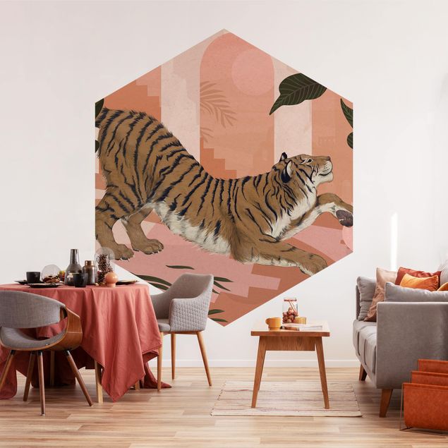 Carta da parati esagonale adesiva con disegni - Illustrazione pittorica di tigre in pastello rosa