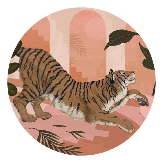 Carta da parati rotonda autoadesiva - Laura Graves - Illustrazione Tiger in pittura rosa pastello