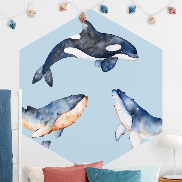 carta da parati effetto acquerello Balena illustrata ad acquerello