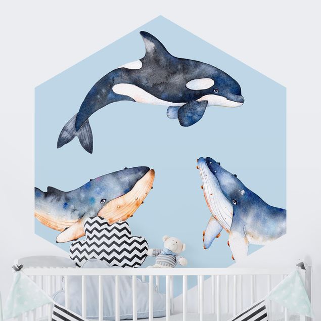 Carta da parati per bambini animali Balena illustrata ad acquerello