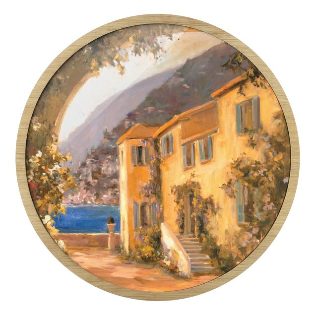 Quadro rotondo incorniciato - Paesaggio italiano - Arco floreale