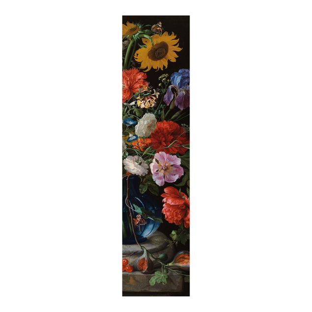 Set tende a pannello Jan Davidsz de Heem - Tulipani, un girasole, un'iris e altri fiori in un vaso di vetro sulla base di marmo di una colonna