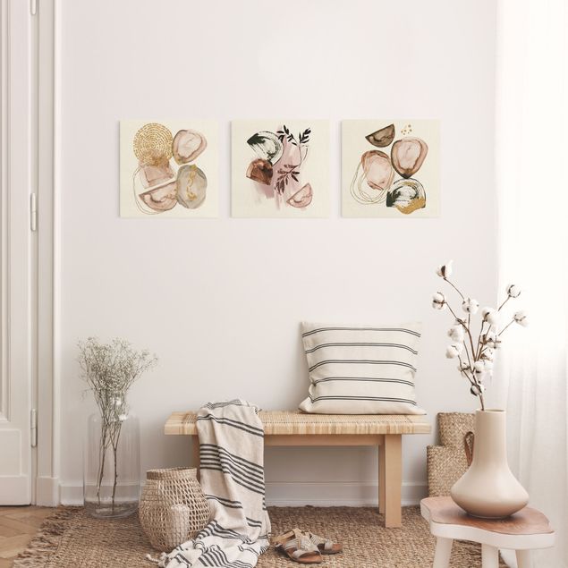 Quadri moderni per soggiorno Forme di acquerello Japandi oro e rosa