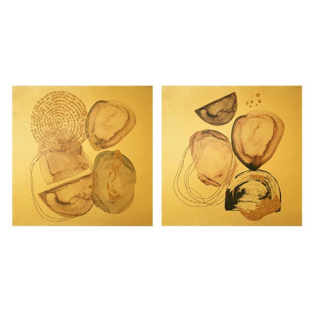 Stampa su tela 2 parti - Forme con oro Japandi in acquerello