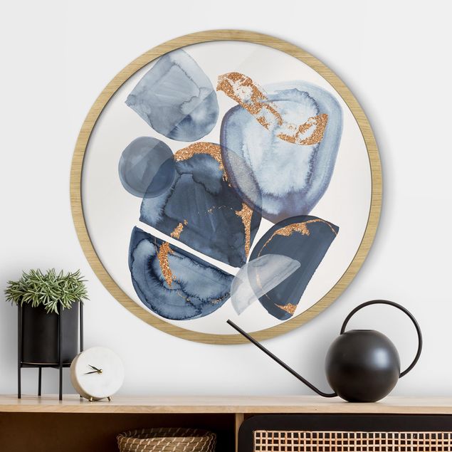 Poster con cornice rotonda Acquerello Japandi in Blu Zaffiro