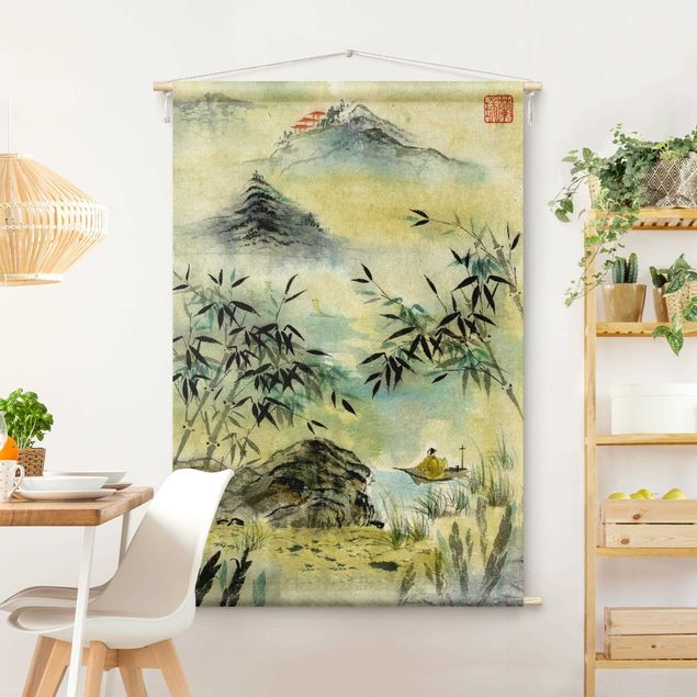 Arazzi da parete moderno Disegno giapponese ad acquerello foresta di bambù