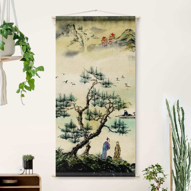 Arazzi da parete moderno Disegno giapponese in acquerello di pino e villaggio di montagna