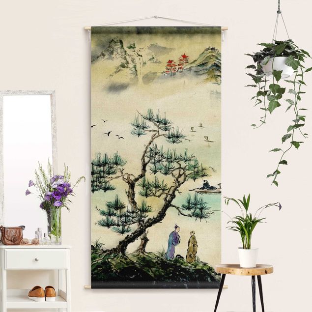Arazzi da parete xxl Disegno giapponese in acquerello di pino e villaggio di montagna