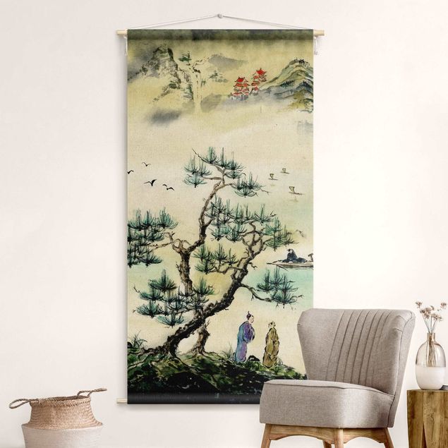 Arazzi da parete vintage Disegno giapponese in acquerello di pino e villaggio di montagna