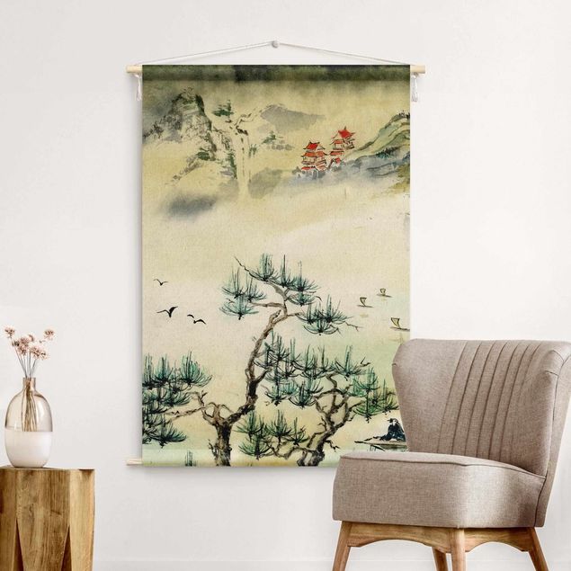 Arazzi da parete vintage Disegno giapponese in acquerello di pino e villaggio di montagna