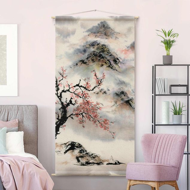 Arazzi da parete xxl Disegno giapponese in acquerello di ciliegio e montagne