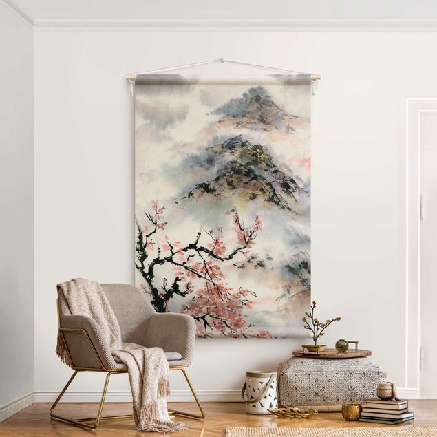 Arazzi da parete grande Disegno giapponese in acquerello di ciliegio e montagne
