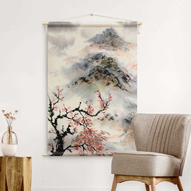 Arazzi da parete vintage Disegno giapponese in acquerello di ciliegio e montagne