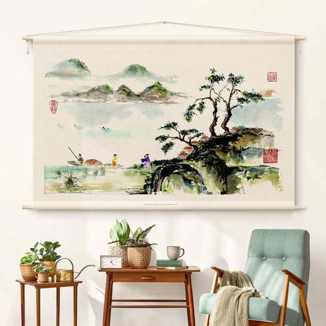 Arazzi da parete moderno Disegno giapponese ad aquerello lago e montagne