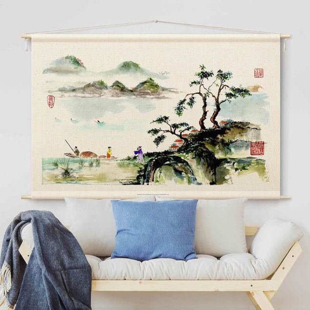 Arazzi da parete xxl Disegno giapponese ad aquerello lago e montagne