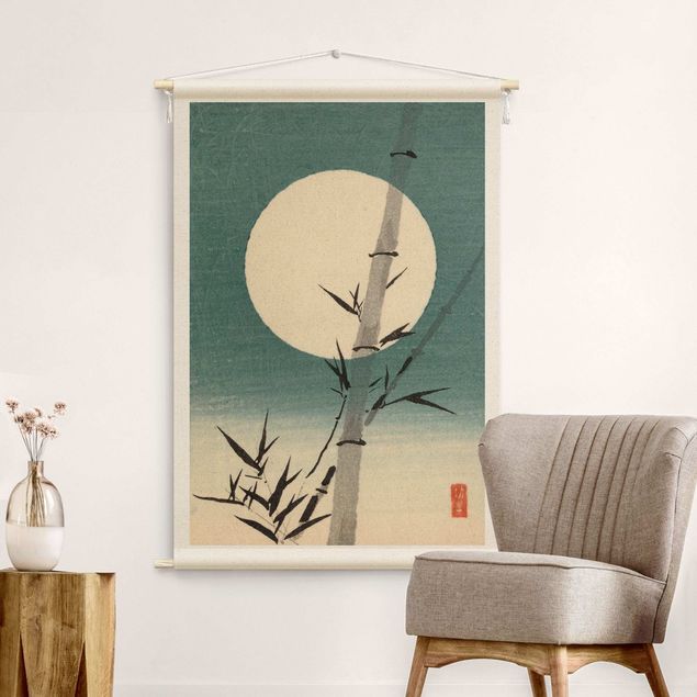 Arazzi da parete vintage Disegno giapponese ad acquerello bambù e luna