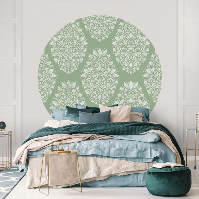 Carta da parati ornamentale camera da letto Motivo Art Nouveau su verde